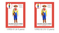 Yellow long sleeve shirt with cow-print vest; Blue pants with attached brown boot covers; Red neck scarf; Brown cowboy hat; Includes brown holster accessory;
