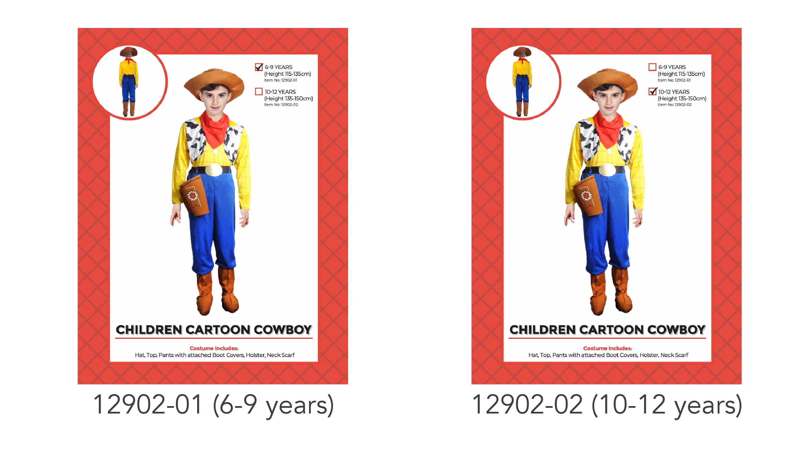 Yellow long sleeve shirt with cow-print vest; Blue pants with attached brown boot covers; Red neck scarf; Brown cowboy hat; Includes brown holster accessory;