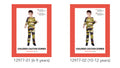 Black top and pants with yellow caution tape-style print; Long-sleeved top and full-length pants; Red graphic details on the outfit; Packaging shows sizes for ages 6–9 and 10–12;
