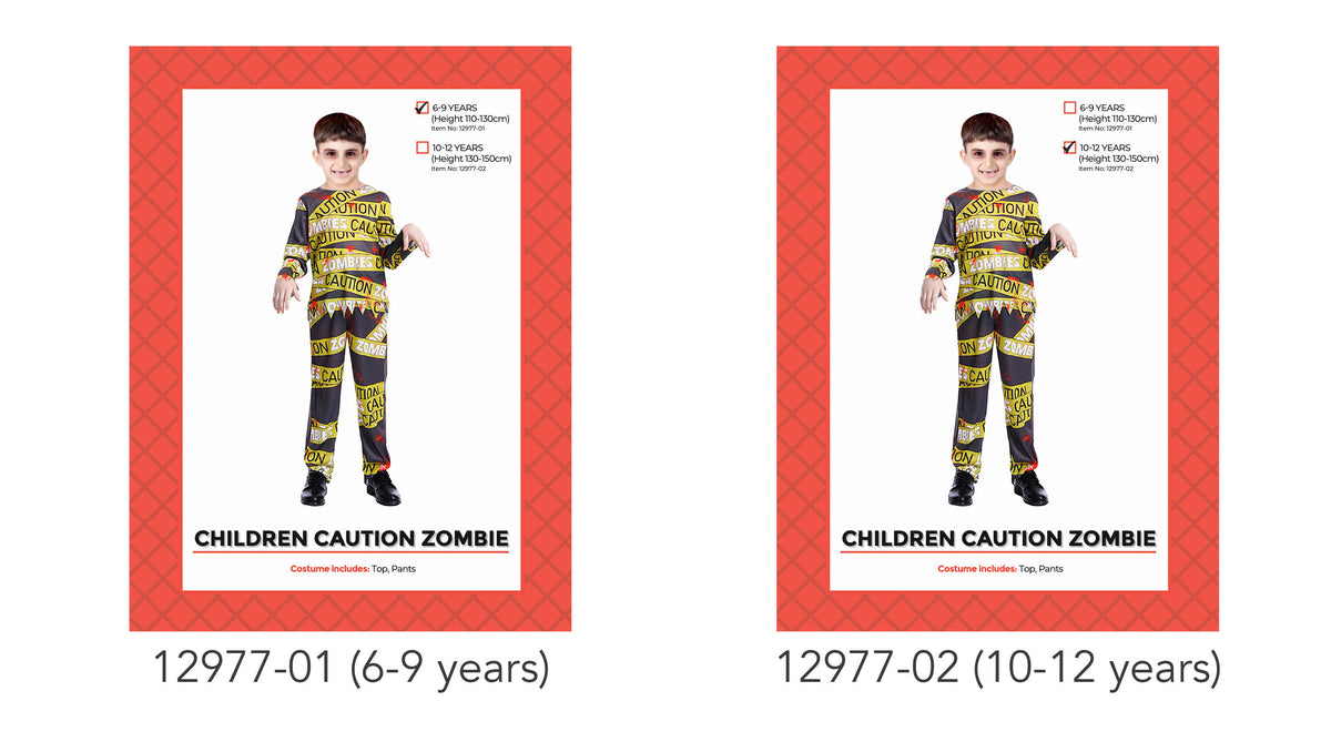 Black top and pants with yellow caution tape-style print; Long-sleeved top and full-length pants; Red graphic details on the outfit; Packaging shows sizes for ages 6–9 and 10–12;