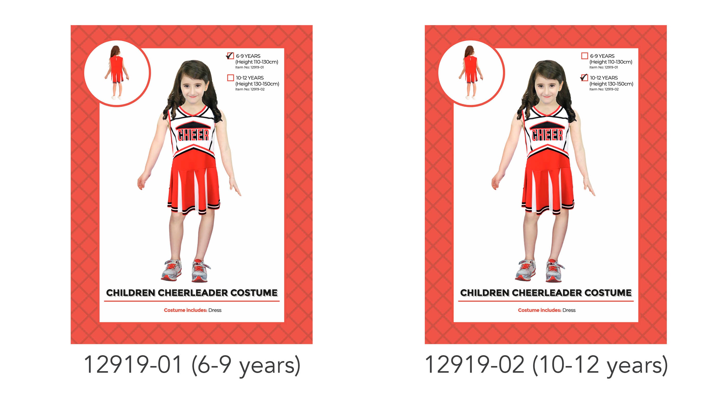 Red and white cheerleader dress; Black trim details; Sleeveless design; Front CHEER text print; Available in two sizes for 6-9 and 10-12 years;