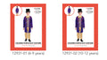 purple long jacket with red trim; patterned shirt front; beige pants; black top hat shown in image; boy model wearing entire costume;