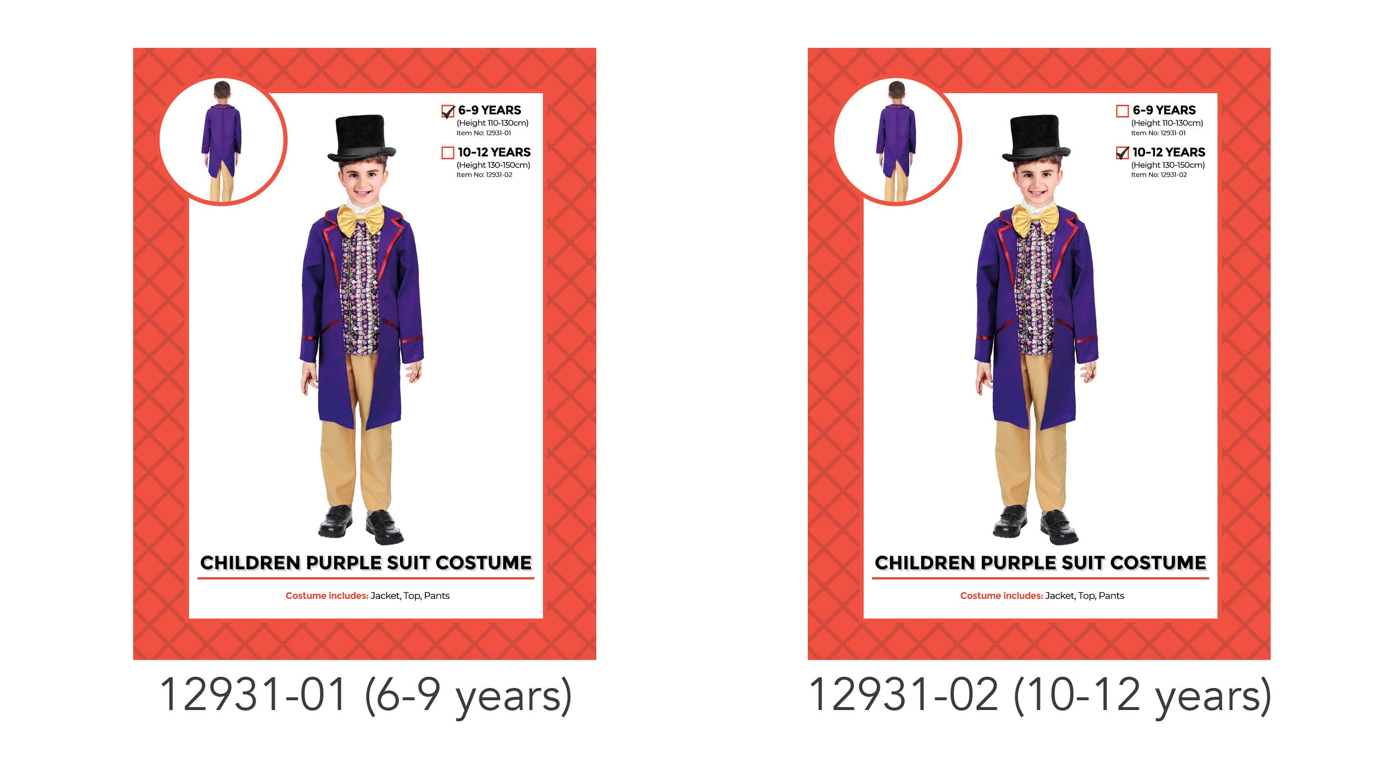 purple long jacket with red trim; patterned shirt front; beige pants; black top hat shown in image; boy model wearing entire costume;