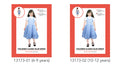 blue checked pattern; knee-length flared skirt; white puffed-sleeve blouse under dress; includes white ribbons; child model wearing black shoes;
