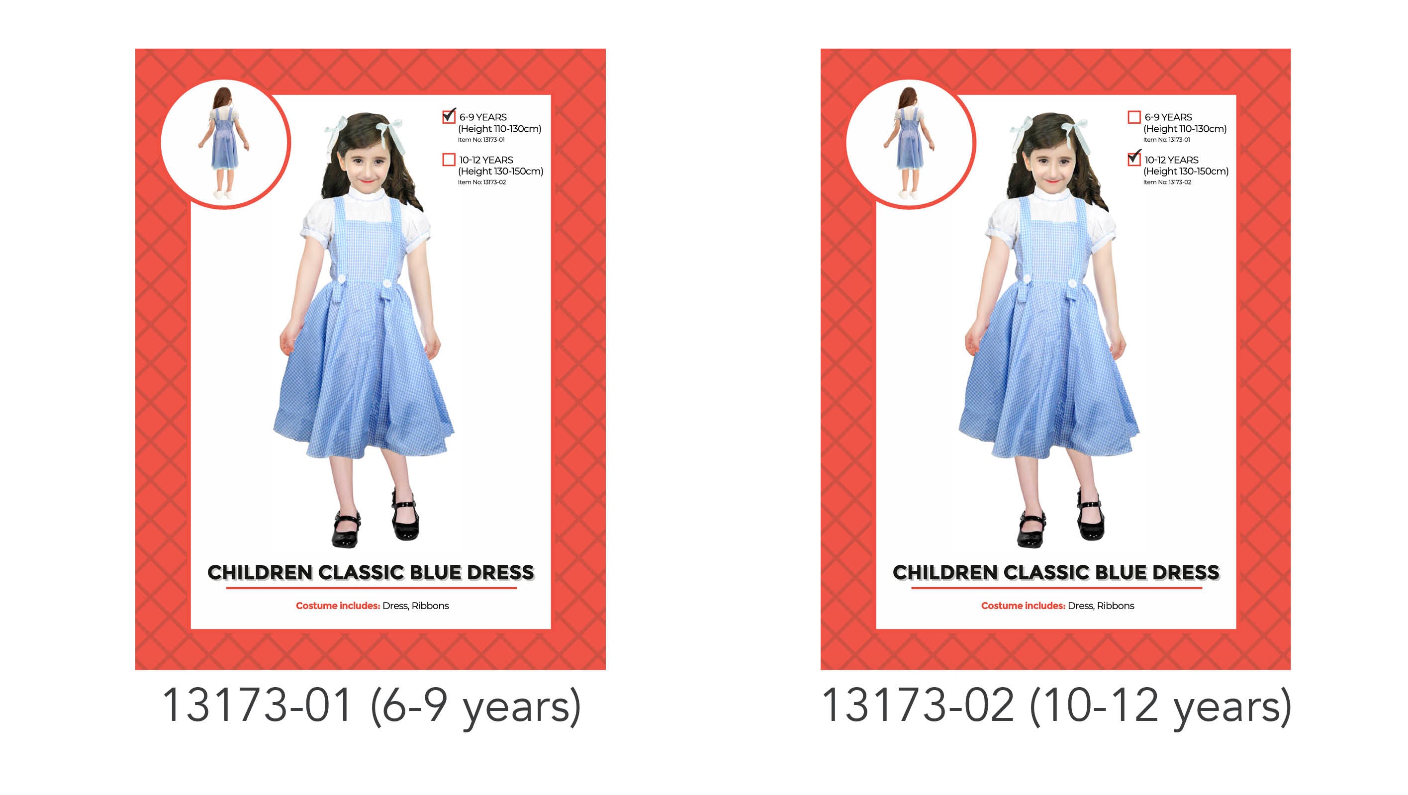 blue checked pattern; knee-length flared skirt; white puffed-sleeve blouse under dress; includes white ribbons; child model wearing black shoes;