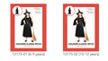black long dress with jagged sleeves and hem; black witch hat with a buckle; gold belt detail on dress; child holding a broom shown in image but cursorily included;