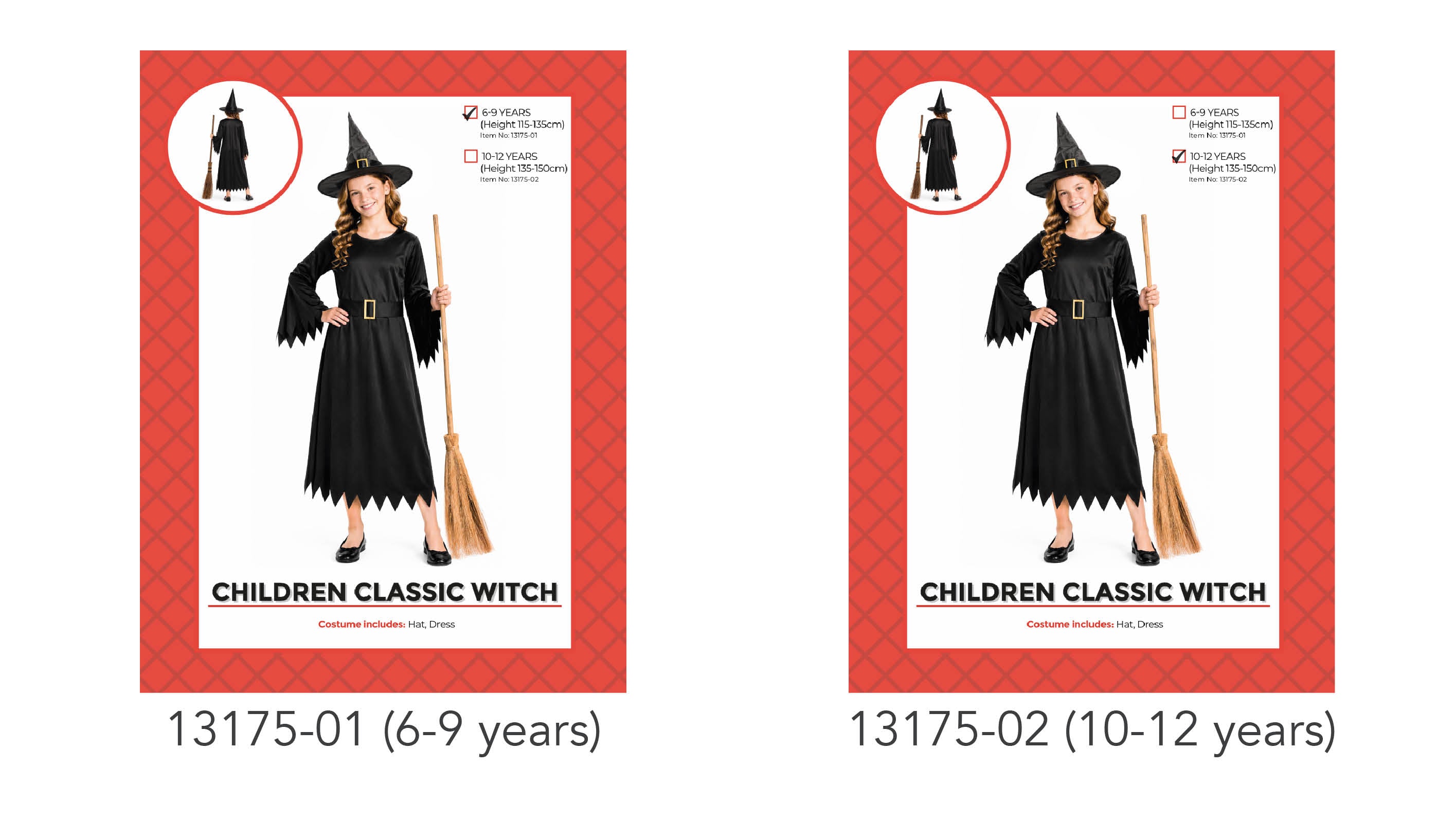 black long dress with jagged sleeves and hem; black witch hat with a buckle; gold belt detail on dress; child holding a broom shown in image but cursorily included;