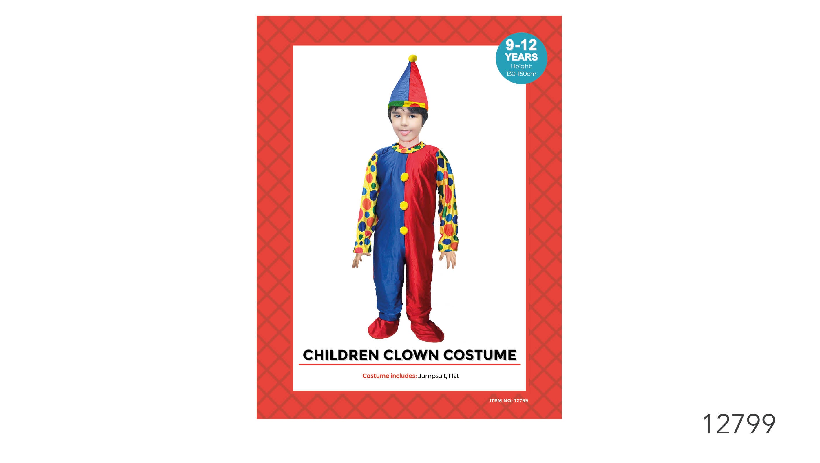 Blue and red colour scheme; Polka dot patterned sleeves; Matching pointed hat with yellow pompom; Full-length jumpsuit design; Yellow pompom buttons on jumpsuit;