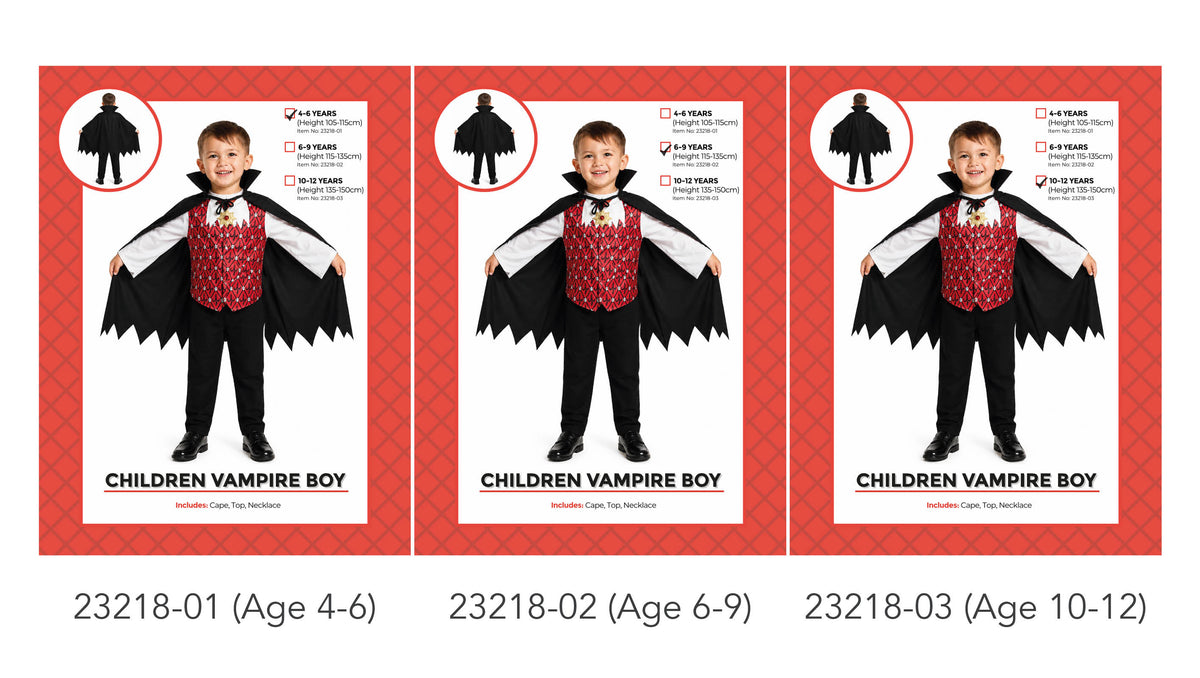 Black cape with a raised collar and jagged hem; Red patterned top with white sleeves; Decorative necklace at the neckline; Packaging shows the costume on a child;