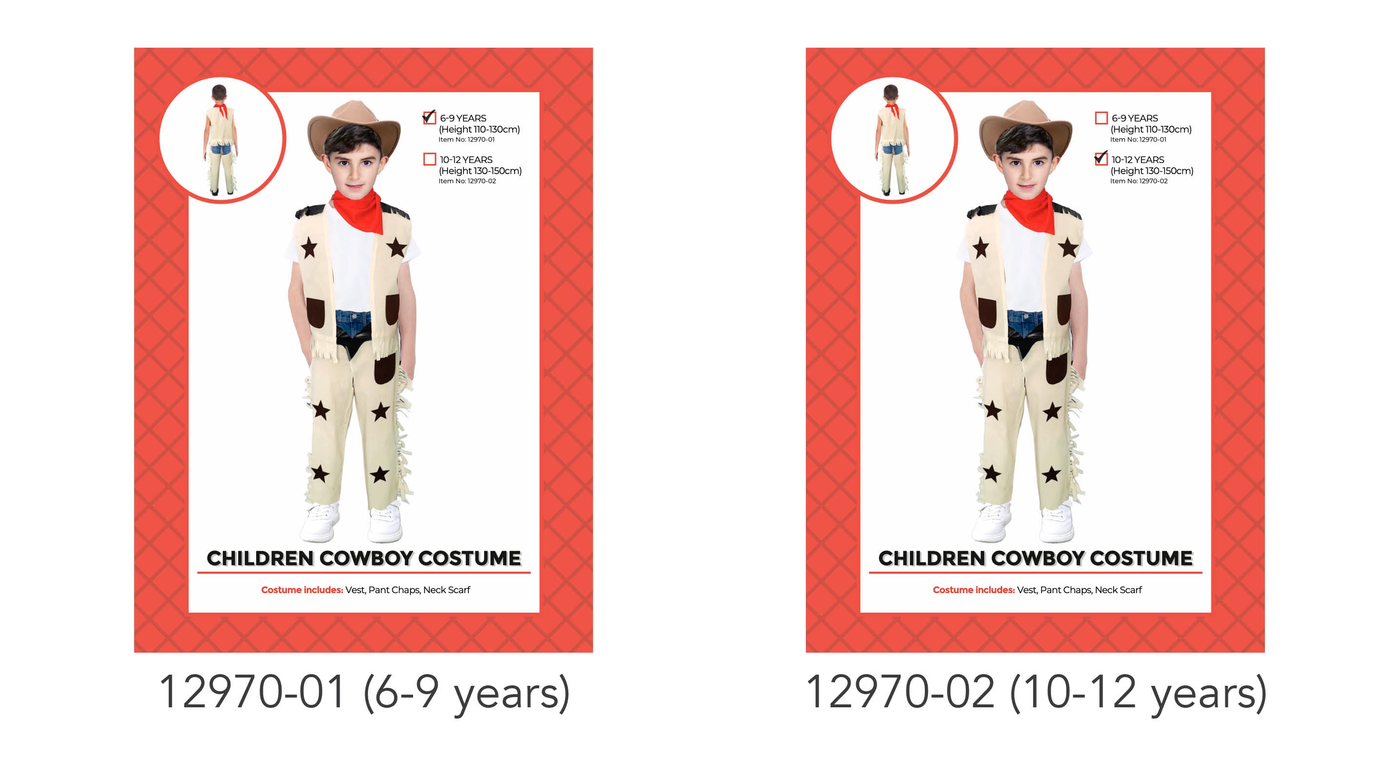 Light beige vest and pant chaps; Dark brown star and pocket decorations; Red neck scarf; Brown cowboy hat; Fringe details on chaps;