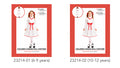 White long-sleeved dress with a flared skirt; Red trim at the neckline and hem, with a red waist bow; Red hair ribbons shown in the model’s hair; Packaging shows sizes labelled 6–9 years and 10–12 years;