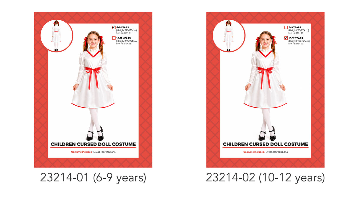 White long-sleeved dress with a flared skirt; Red trim at the neckline and hem, with a red waist bow; Red hair ribbons shown in the model’s hair; Packaging shows sizes labelled 6–9 years and 10–12 years;