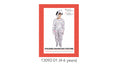 white costume with black spots; includes hat with Dalmatian face and ears; long sleeve top and pants with attached tail; gloves and foot covers included; child sized for 4-6 years;