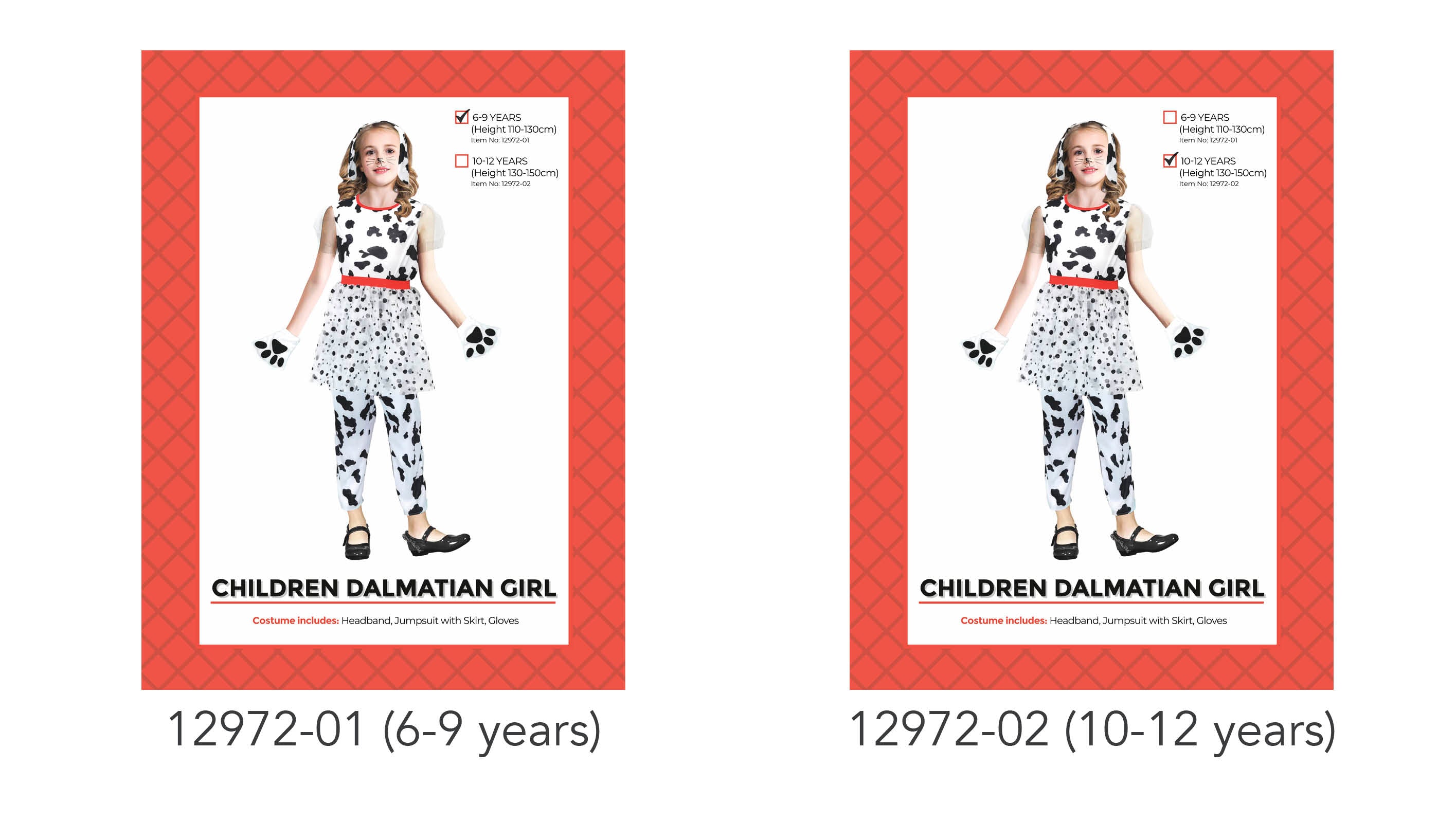 black and white Dalmatian print jumpsuit; tulle skirt overlay; red waistband; black and white paw print gloves; Dalmatian ear headband;