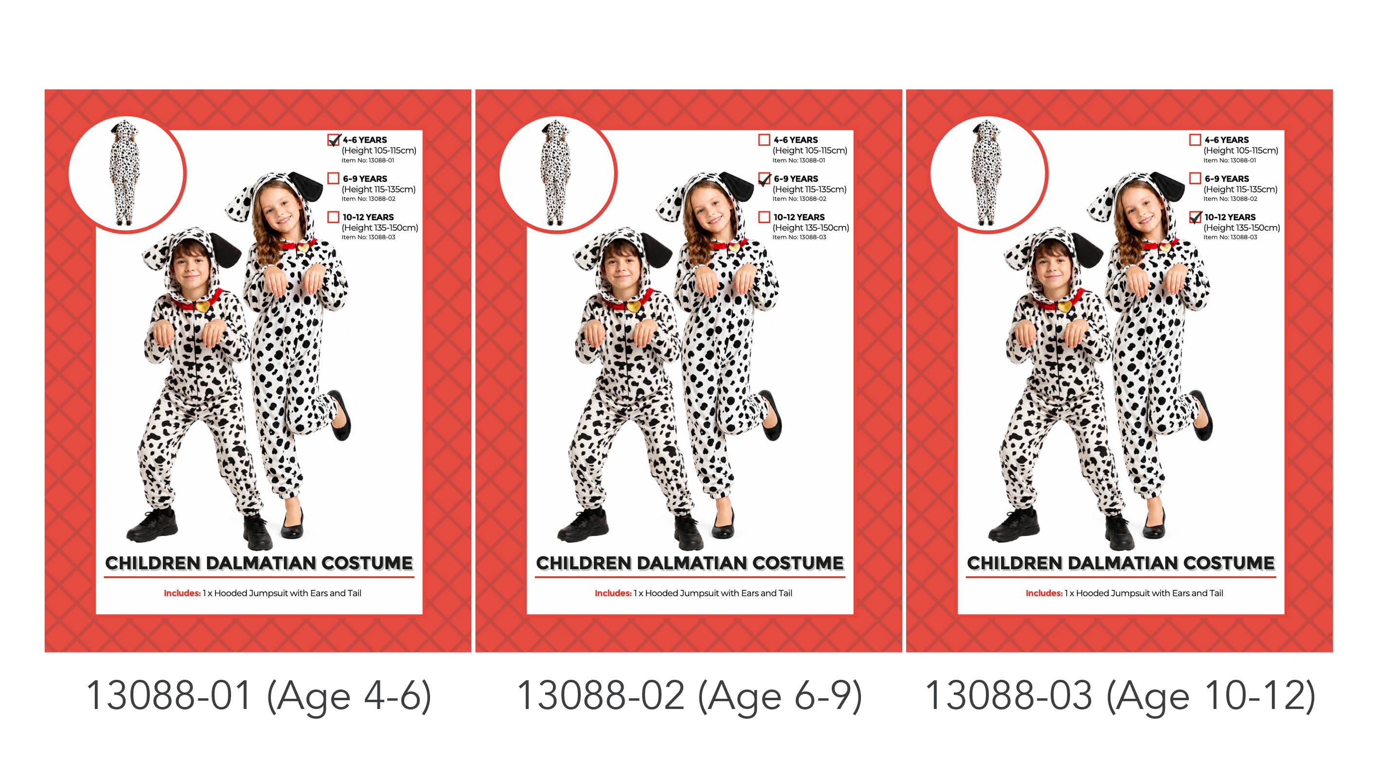 white jumpsuit with black Dalmatian spots; hood with attached floppy ears; red collar detail on neckline; full-length jumpsuit with fitted cuffs; includes tail attached at back;