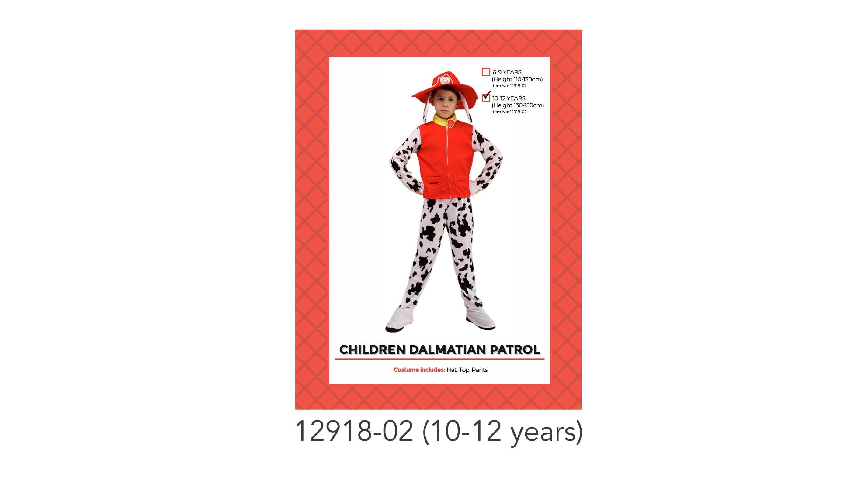 Red and yellow top; Dalmatian black and white spotted sleeves and pants; Red firefighter-style hat; Includes hat, top, and pants;