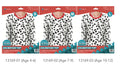 white top with black Dalmatian spots; red neckline trim; long sleeve design; packaging shows three sizes (S, M, L);