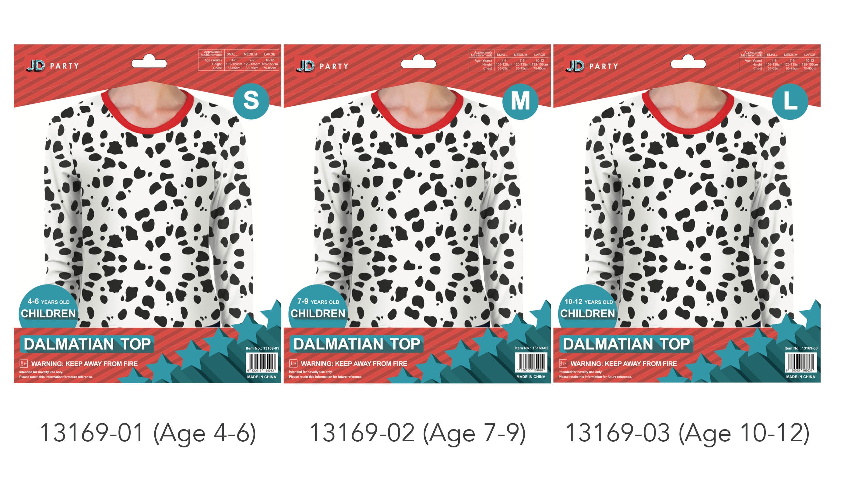 white top with black Dalmatian spots; red neckline trim; long sleeve design; packaging shows three sizes (S, M, L);