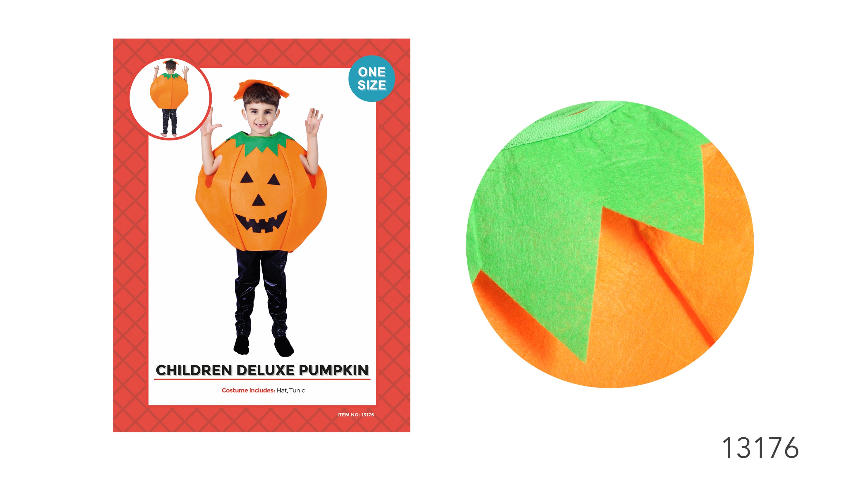 Bright orange pumpkin-shaped tunic; Green leaf detail around collar; Matching orange hat with green leaves; Lightweight fabric; One size fits most children;