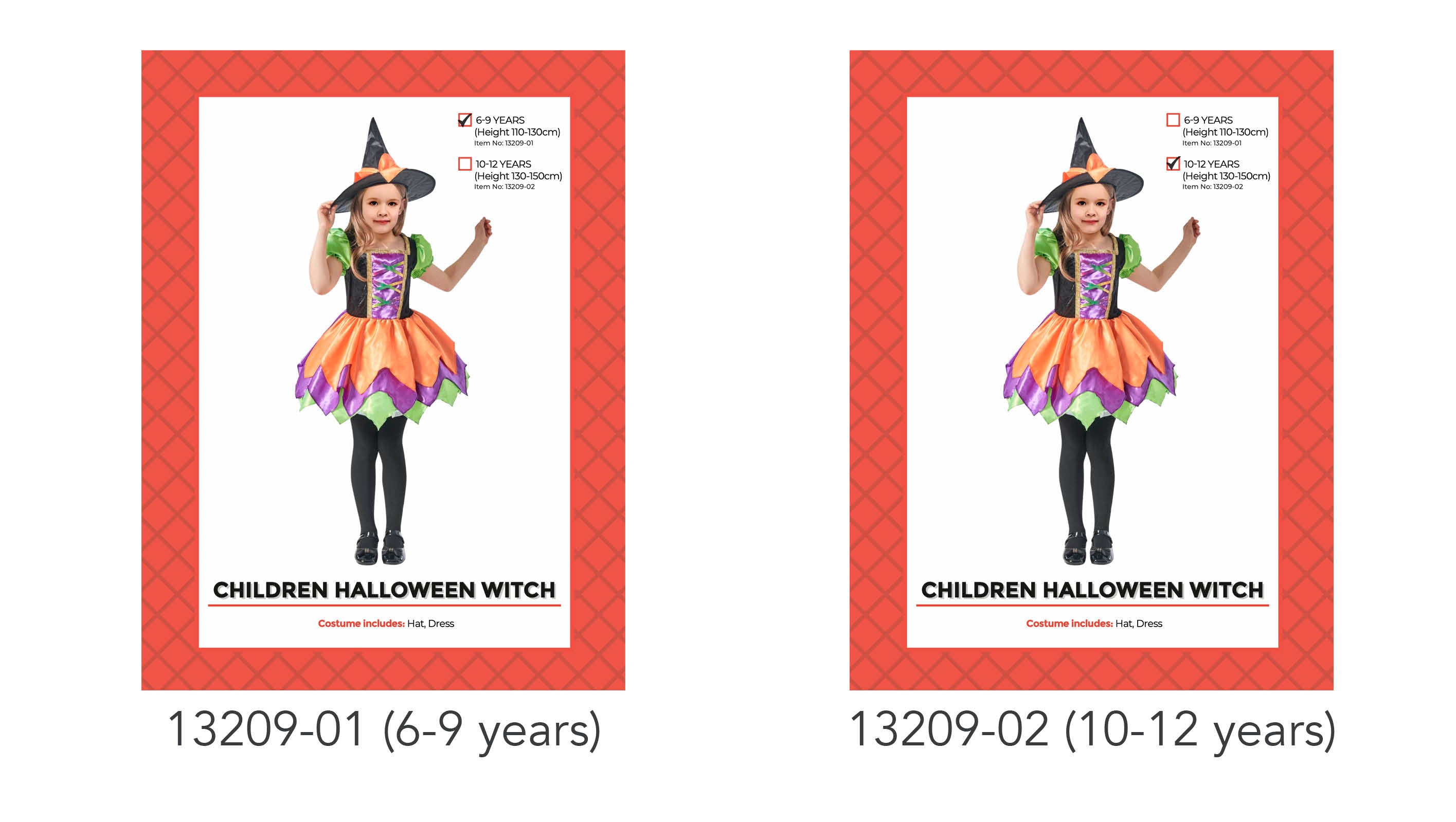 Colourful dress with orange, purple and green; Pointed witch hat included; Scalloped hem dress design; Black bodice with coloured lacing detail; Model shown wearing black tights;
