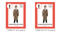 brown check pattern fabric; includes jacket and hat; button closure on jacket; model wears black trousers underneath; sizes available for 6-9 and 10-12 years;
