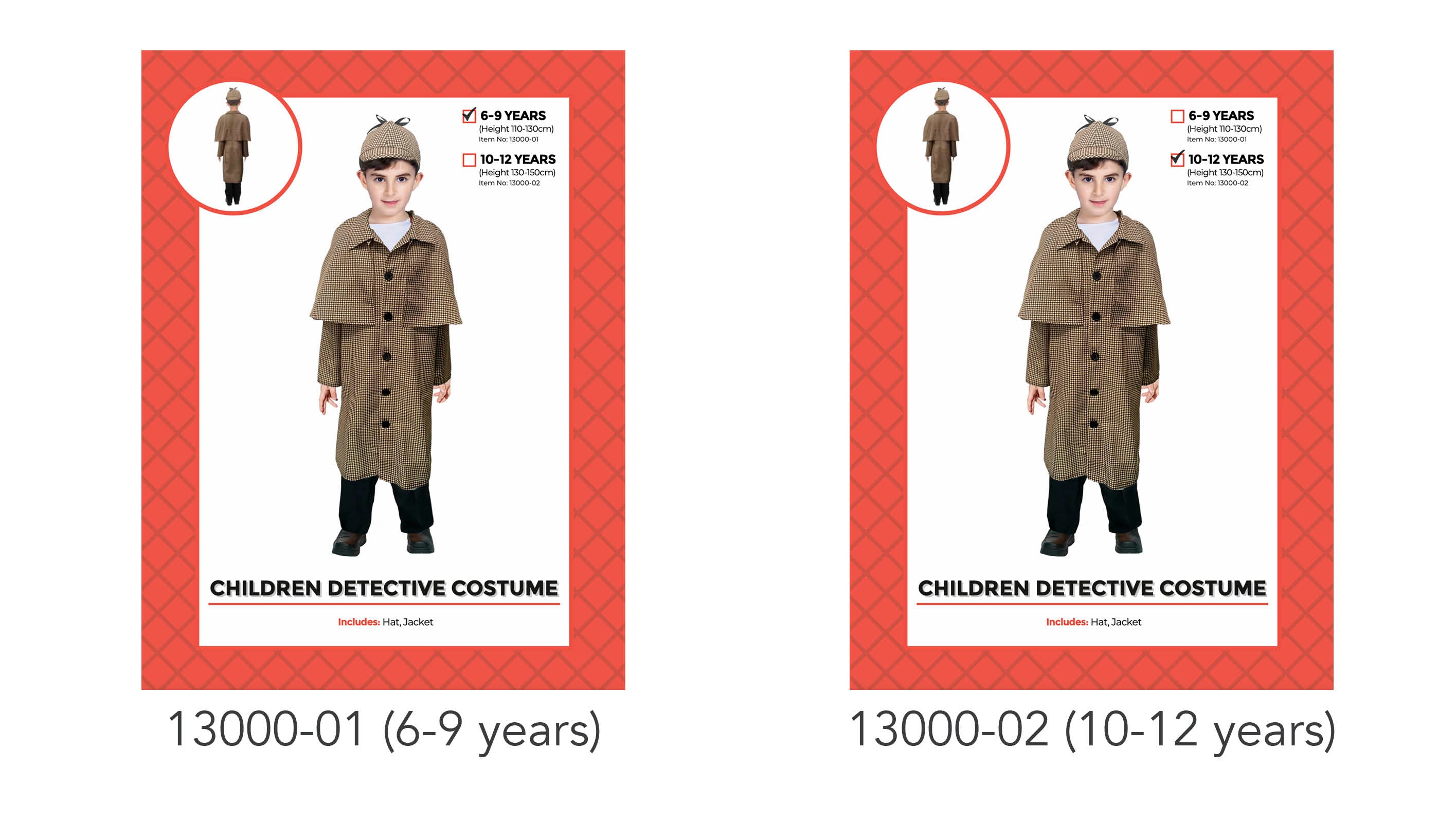 brown check pattern fabric; includes jacket and hat; button closure on jacket; model wears black trousers underneath; sizes available for 6-9 and 10-12 years;