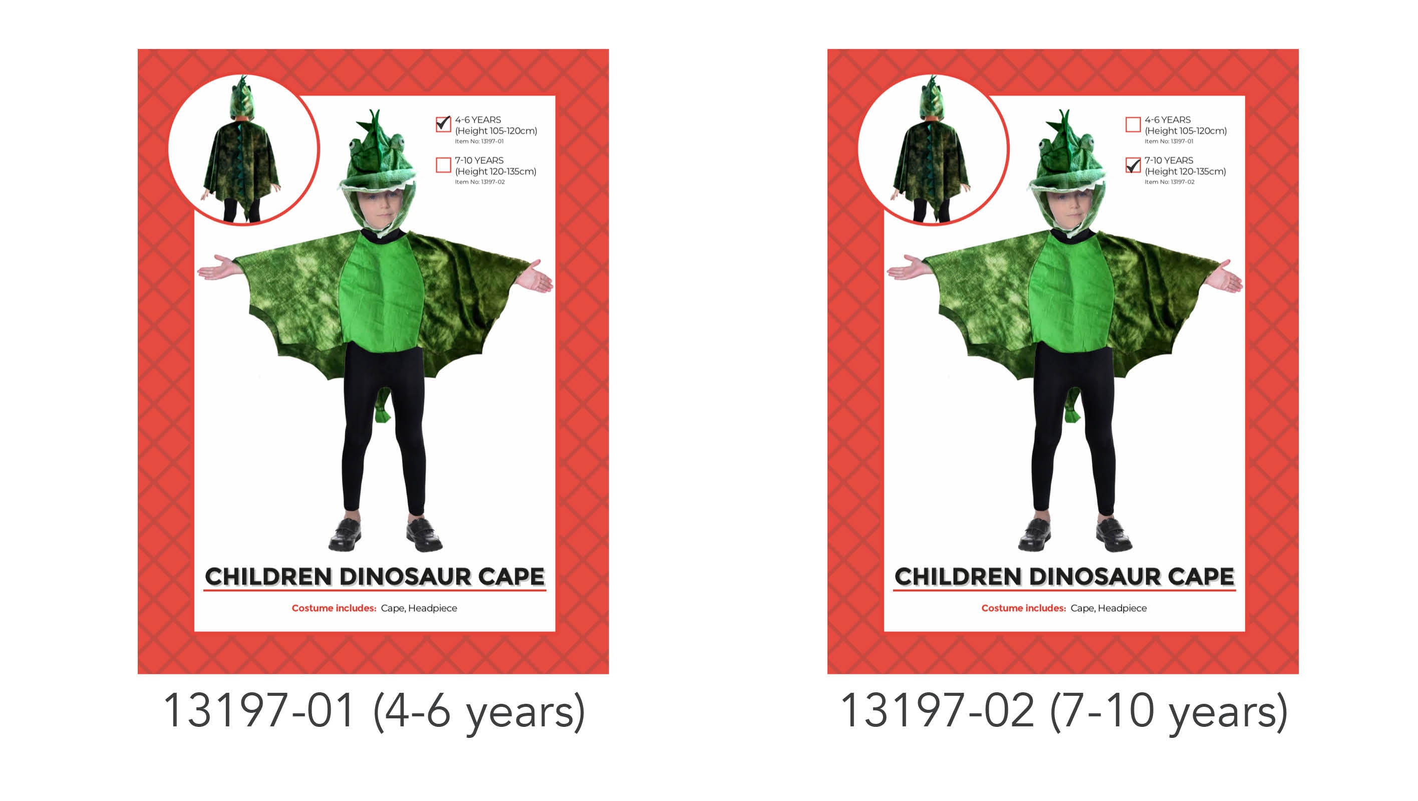 green dinosaur cape with wings; matching headpiece with dinosaur features; velvet-like green fabric; costume size for 7-10 years indicated on packaging;