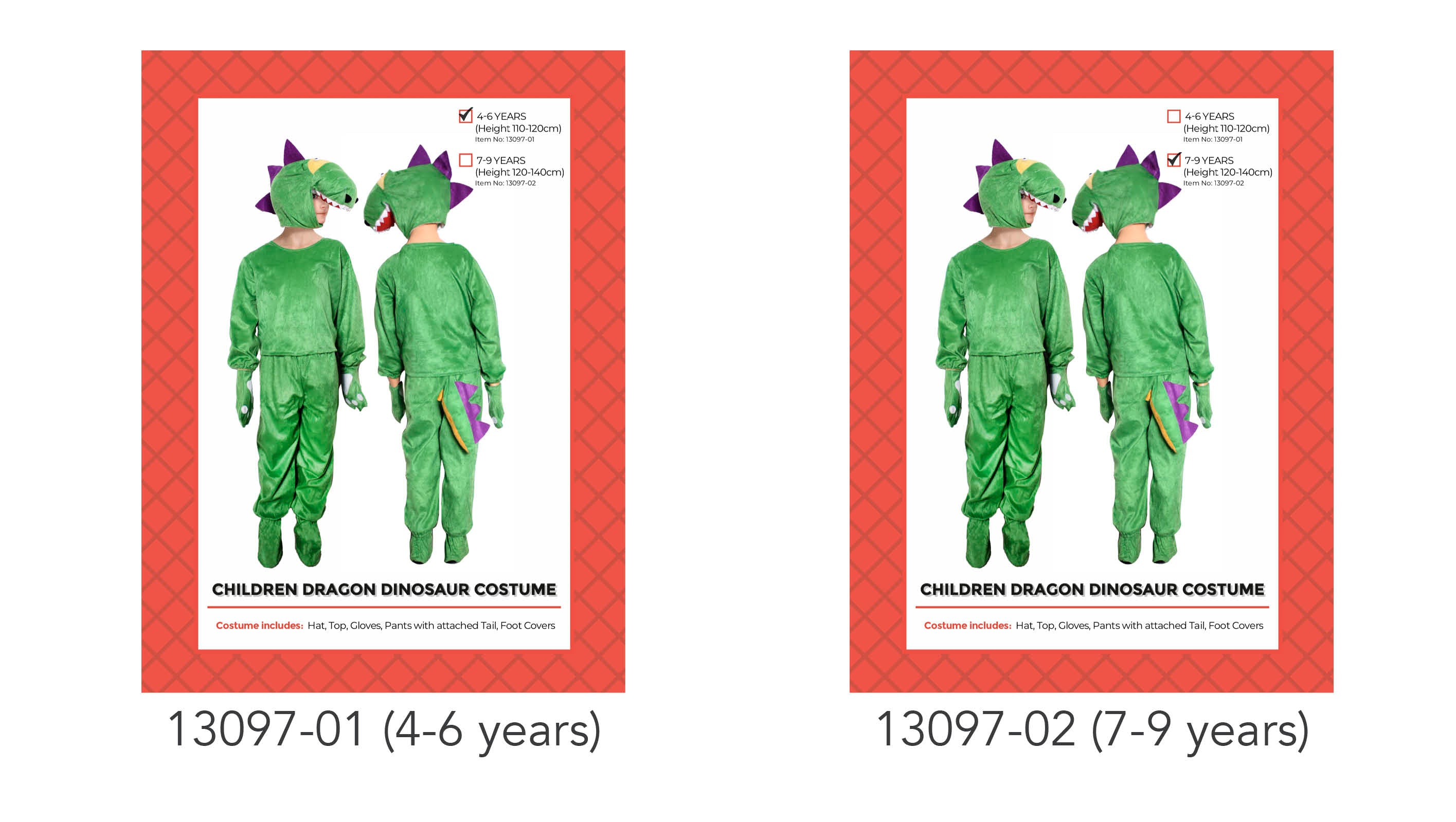 Green plush fabric; Purple spikes on hood; Attached tail on pants; Includes gloves and foot covers; Dragon face hood with eyes and teeth;