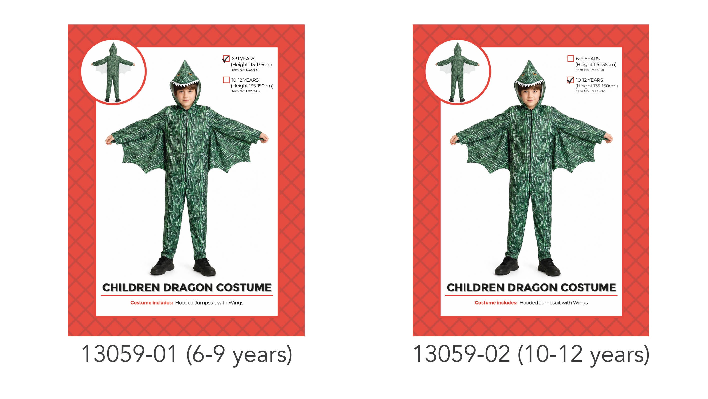 green jumpsuit with scaled texture; attached wings under arms; hood with dragon face and eyes; front zipper closure;