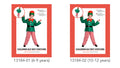 Green top with large white buttons; Red and white striped pants; Matching green and red elf hat with ears; Black belt with buckle; Long sleeves with jagged cuffs;