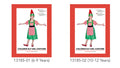 Green and red colour scheme; Striped dress with apron; Pointed elf hat; Child size costume; Includes hat and dress;