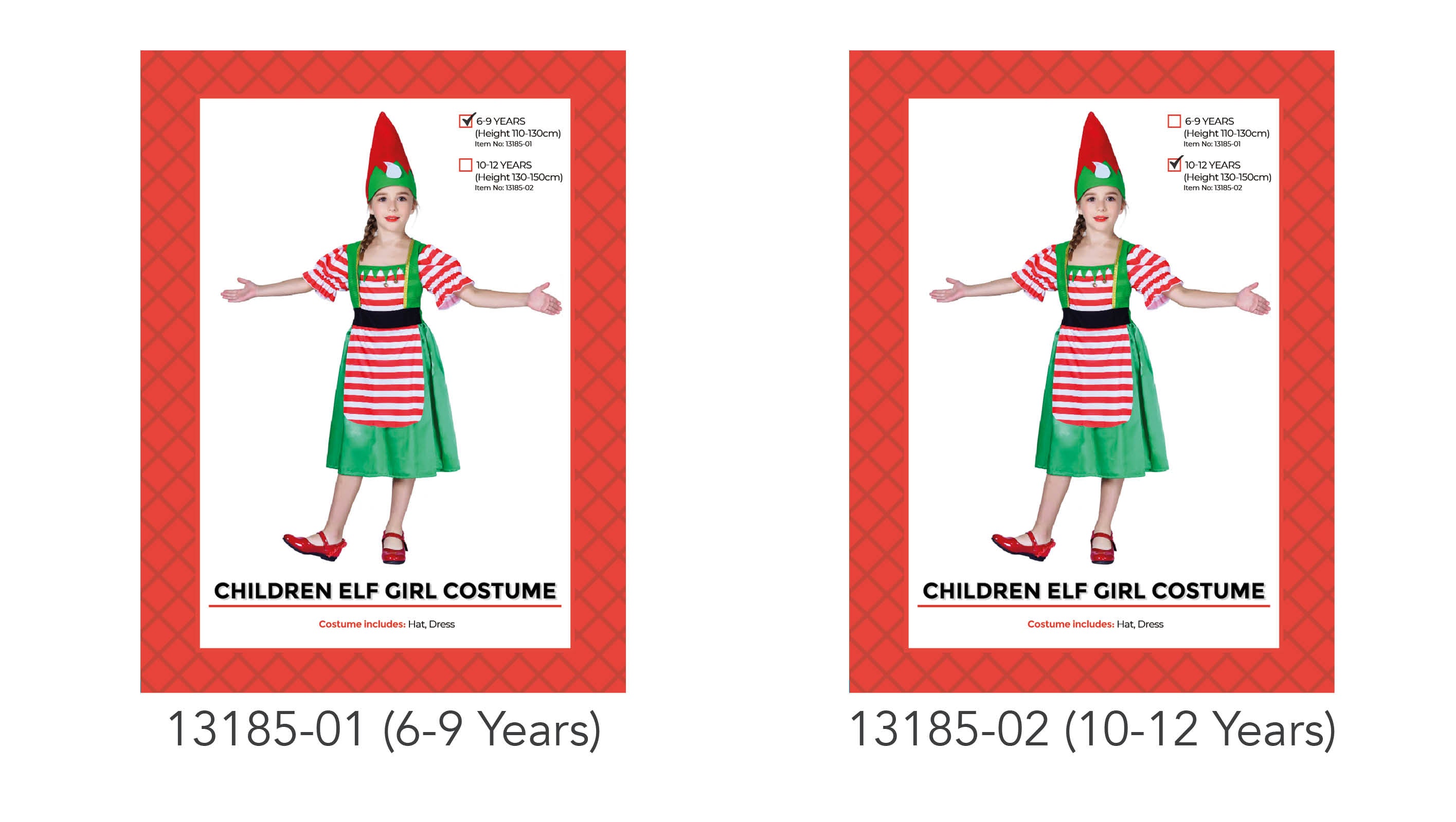 Green and red colour scheme; Striped dress with apron; Pointed elf hat; Child size costume; Includes hat and dress;