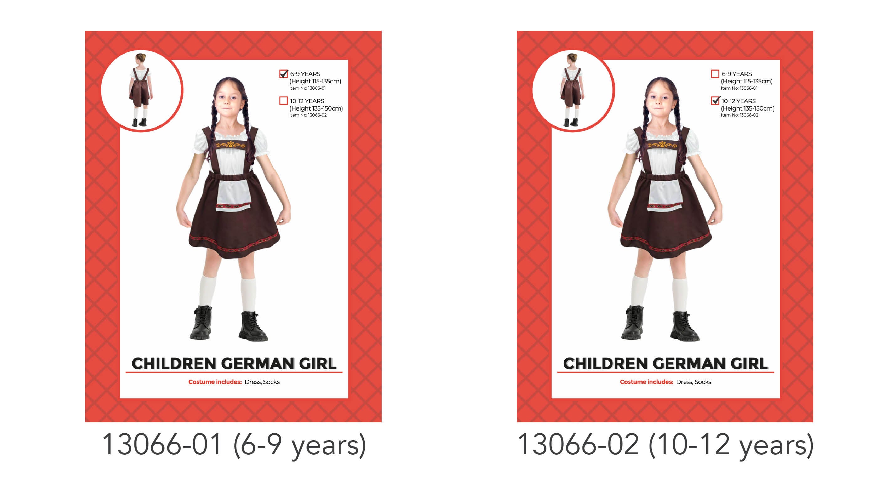 Brown dress with attached white apron; White short-sleeve blouse; Matching white socks; Black boots worn by model; Traditional German style design;