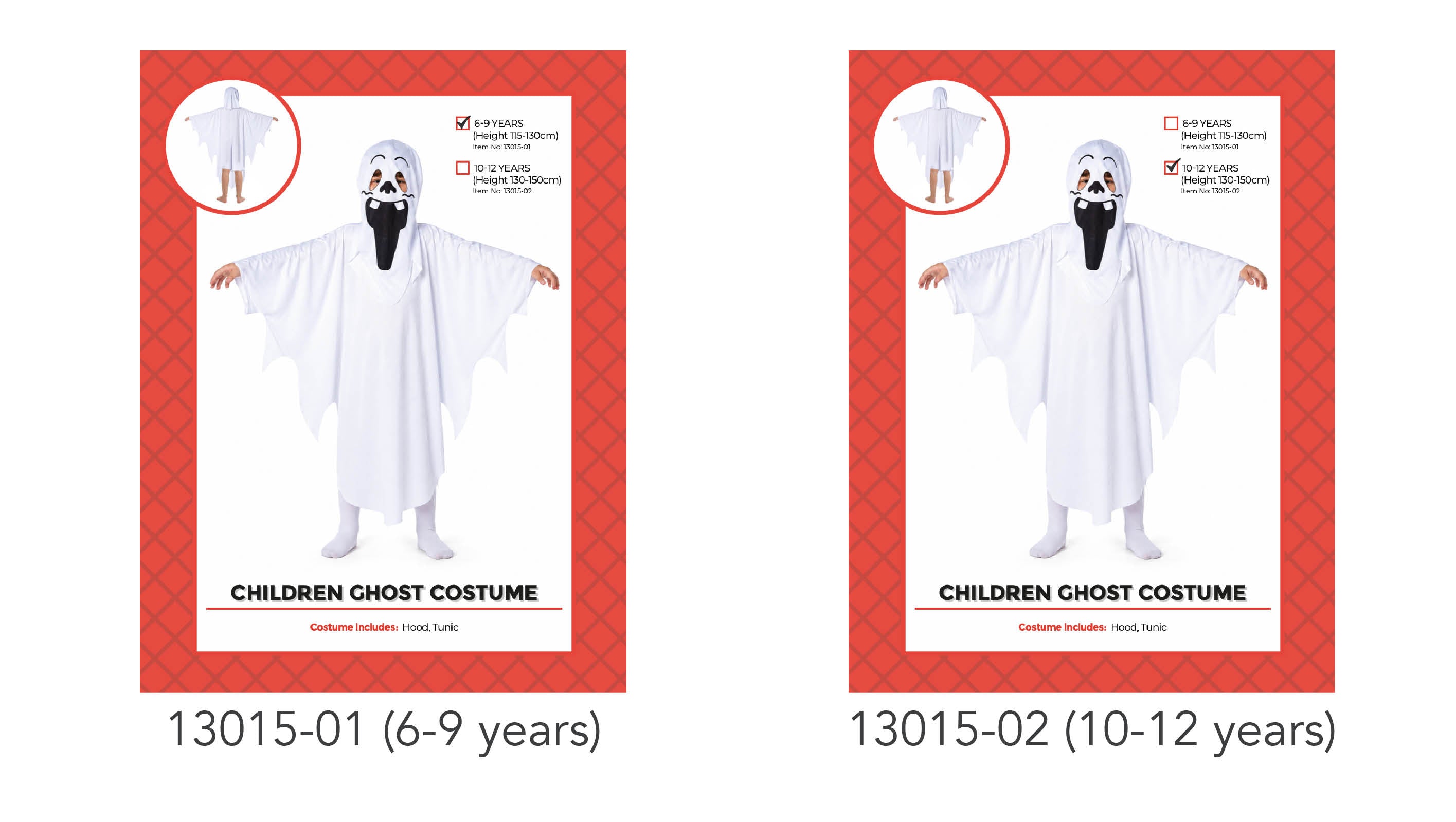 white ghost tunic with jagged edges; attached hood with face holes; black ghost face print on hood; long sleeve design; costume shown on child models;