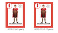 brown gladiator tunic with gold details; red cape attached to the tunic; matching brown arm and leg bands; short-sleeve tunic styled for kids; two available sizes: 6-9 years and 10-12 years;