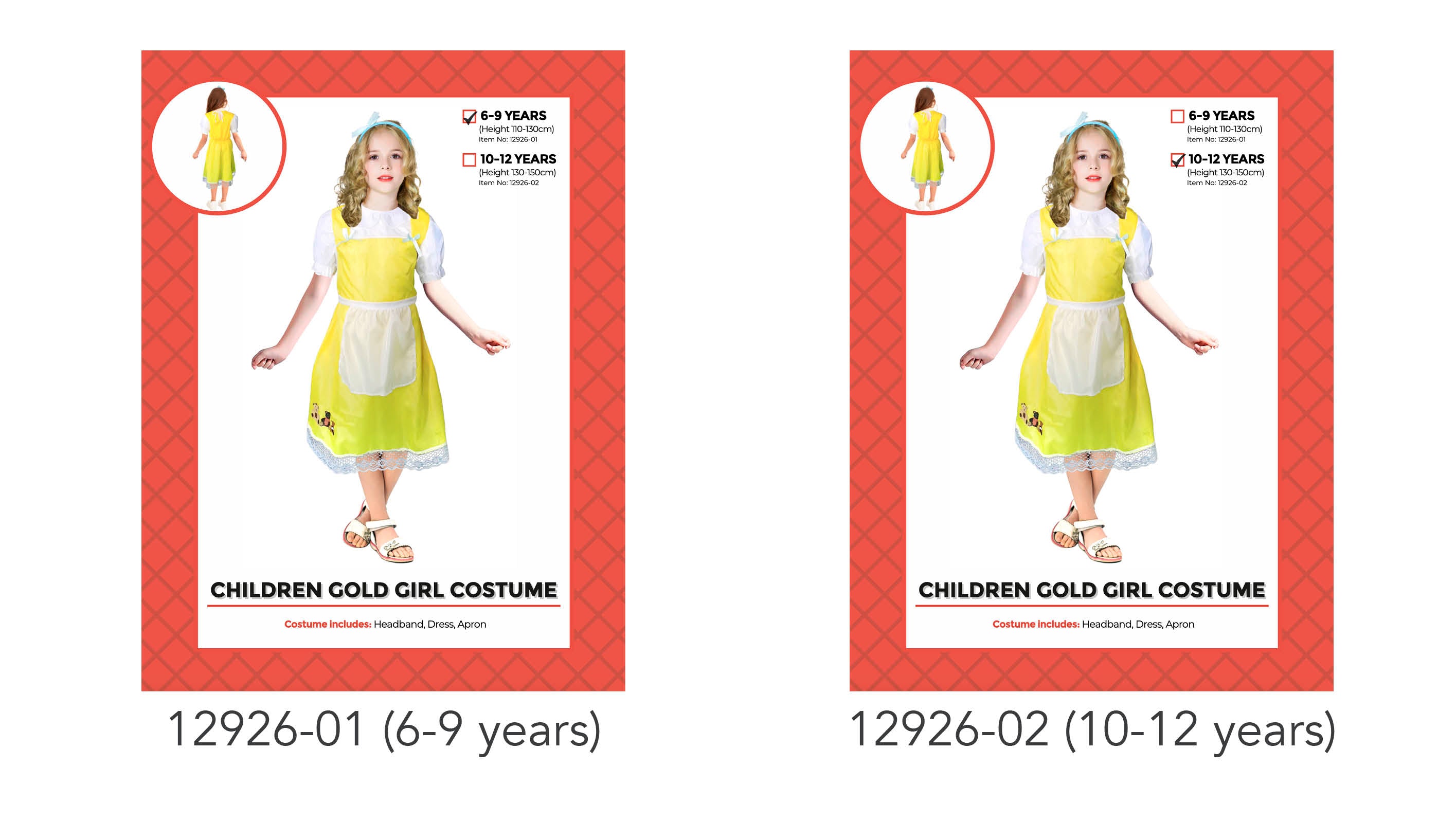 gold dress with white apron; includes headband; child's costume for girls; modelled by child wearing white blouse underneath; available in 6-9 and 10-12 years sizes;