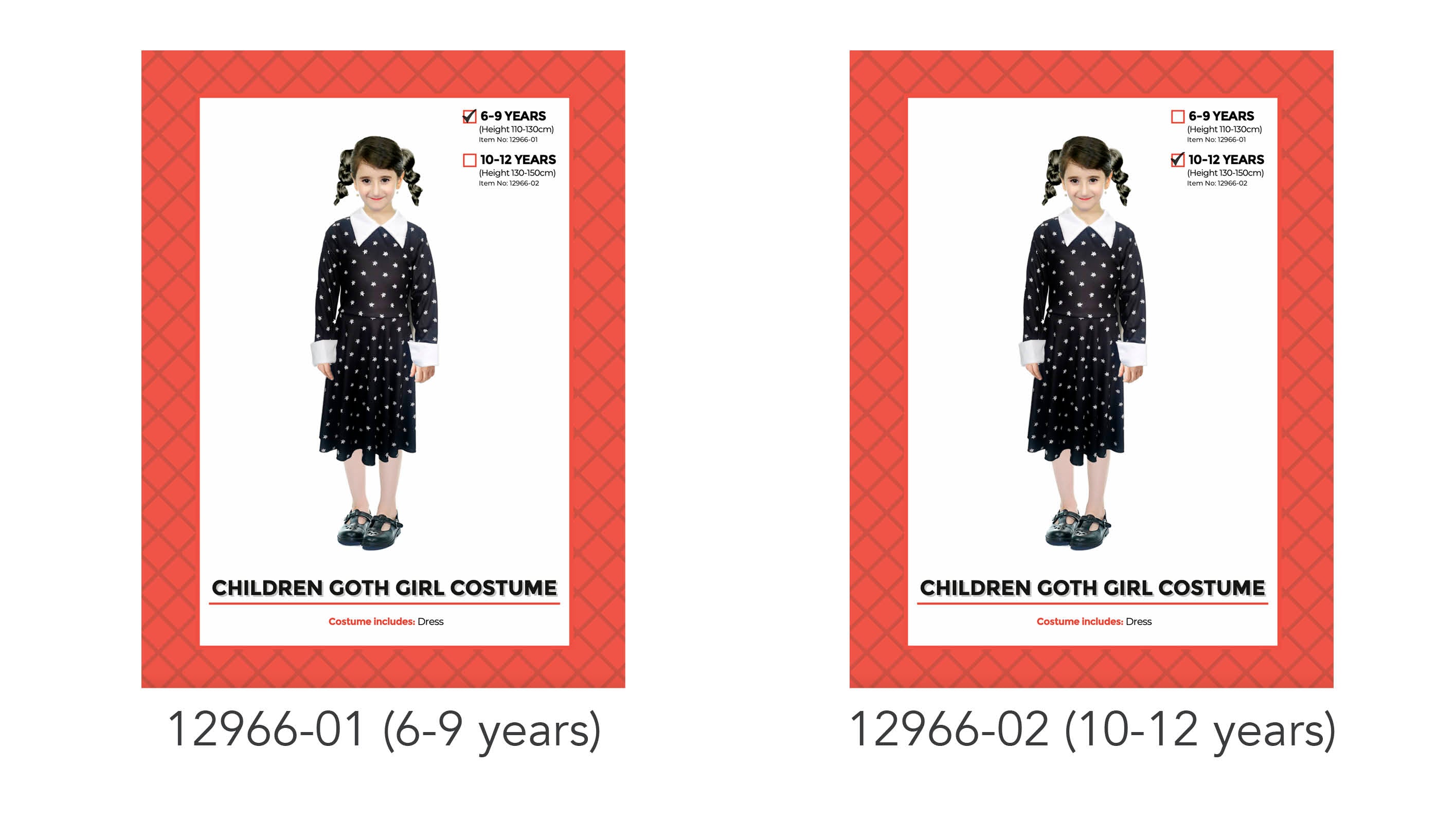 black dress with white collar; long sleeves with white cuffs; white star print pattern; available in two sizes: 6-9 years and 10-12 years;