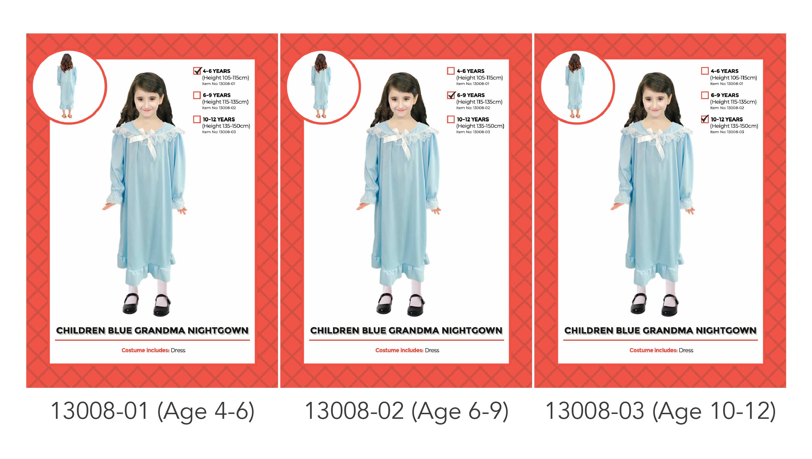 blue long nightgown style dress; lace collar with bow; long sleeves with gathered cuffs; available in three child sizes; single piece dress only;