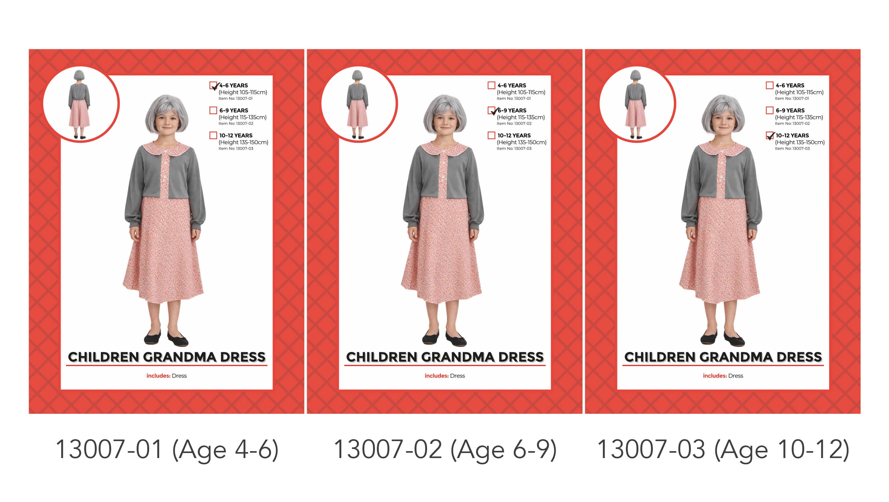 grey long sleeve jacket; pink floral dress with collar; black shoes worn by model; costume modeled by child; age size 10-12 years indicated;