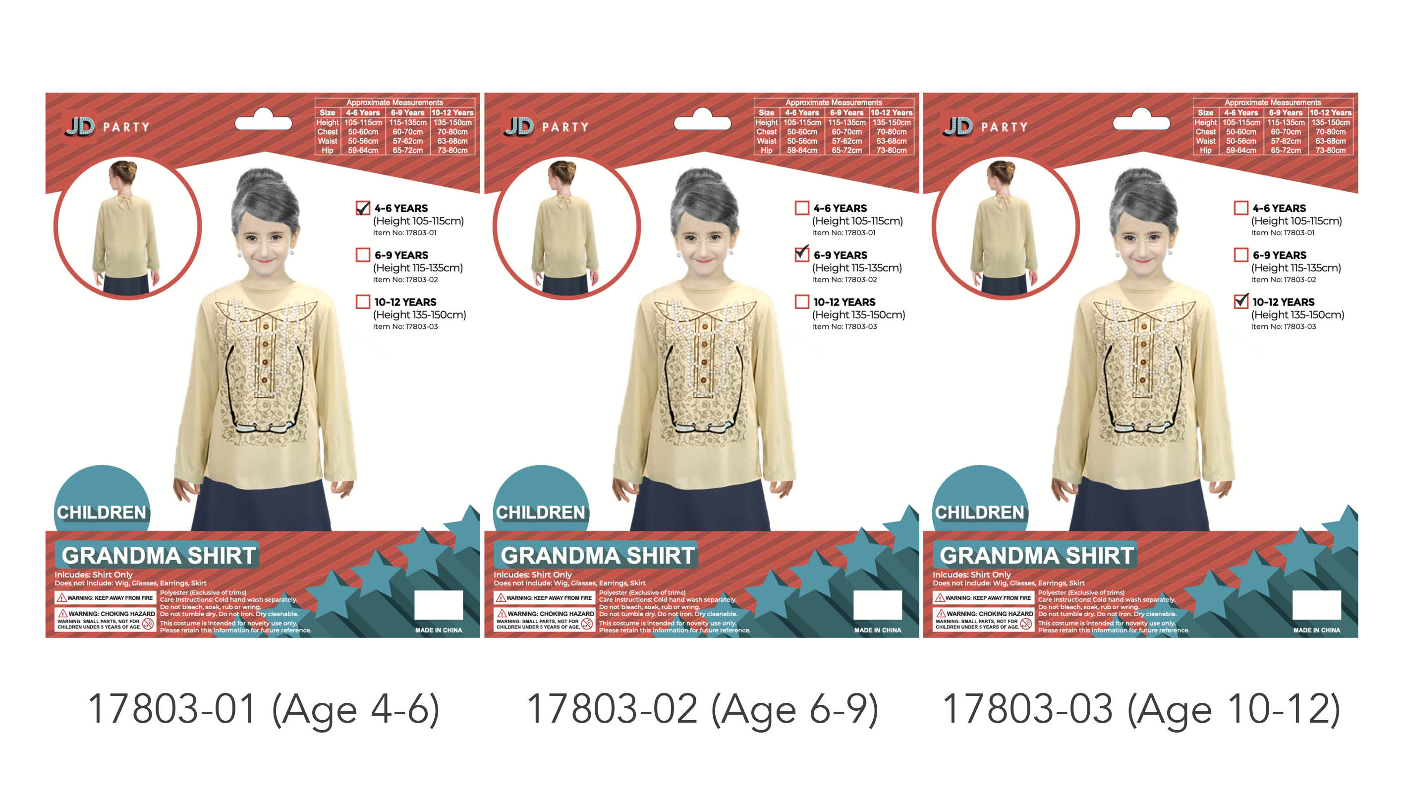 Beige colour; Printed vintage bib and button design on front; Long sleeves; Polyester material appearance; Packaging shows available sizes for ages 4-6, 6-9 and 10-12 years;
