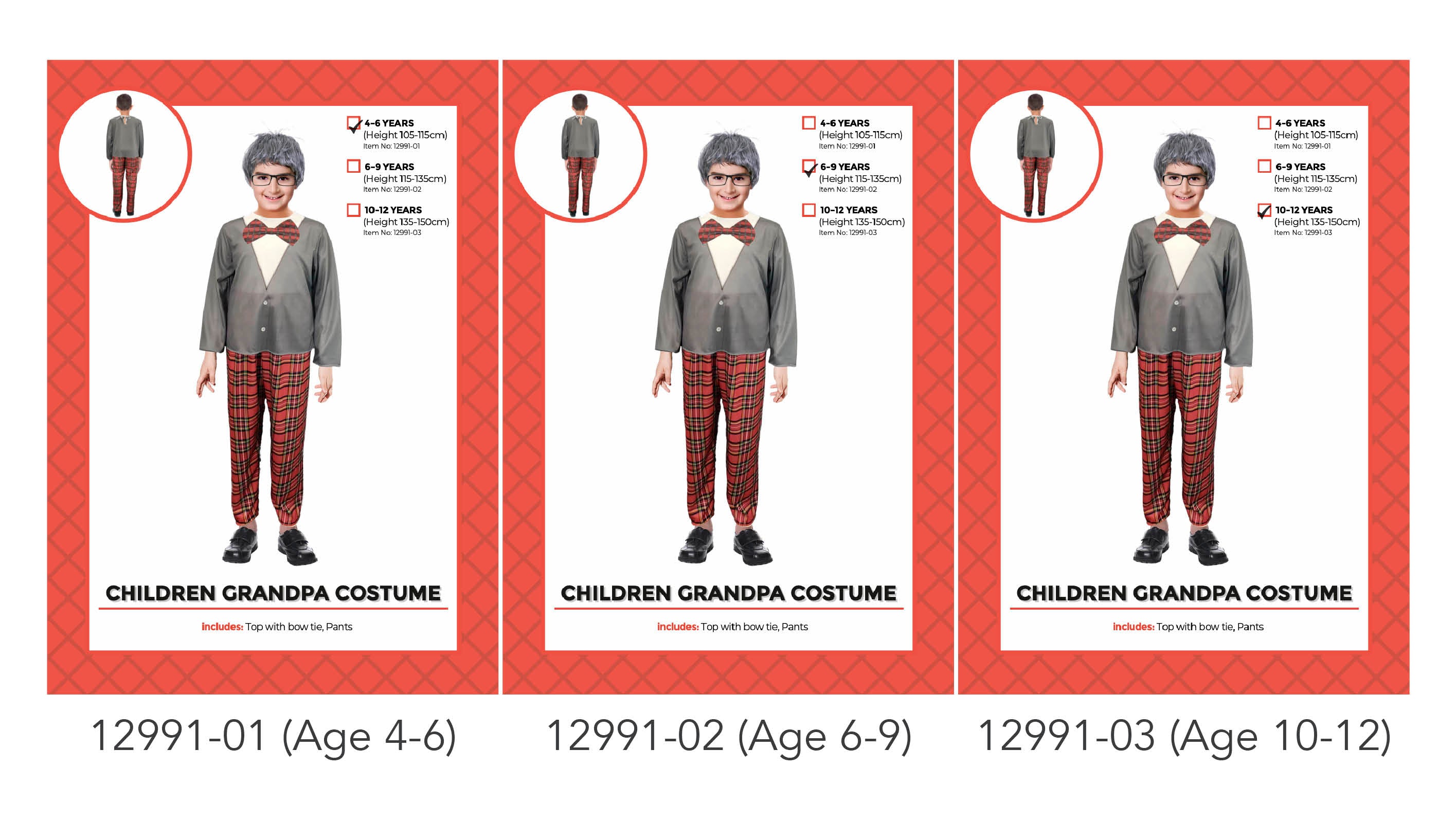 grey top with printed bow tie; red tartan checked pants; includes top and pants; child model wearing glasses and grey wig; long sleeve top;