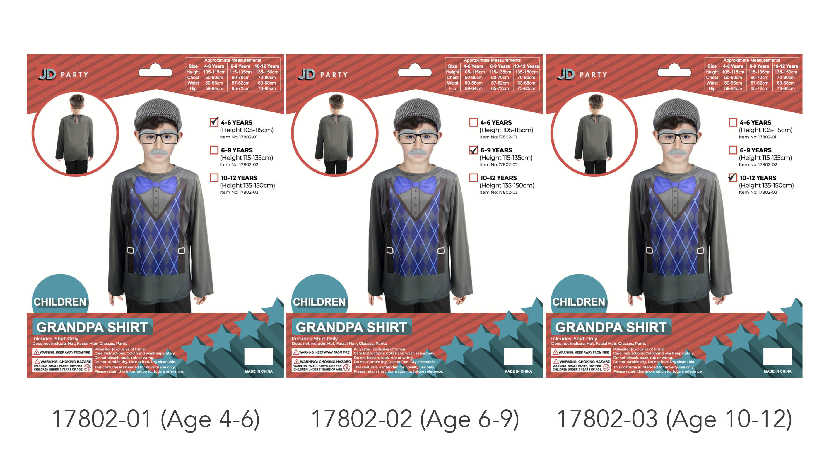 long-sleeve grey shirt; printed blue diamond waistcoat and bow tie design; available in 3 children's sizes; polyester fabric appearance; packaging showing front and back views;