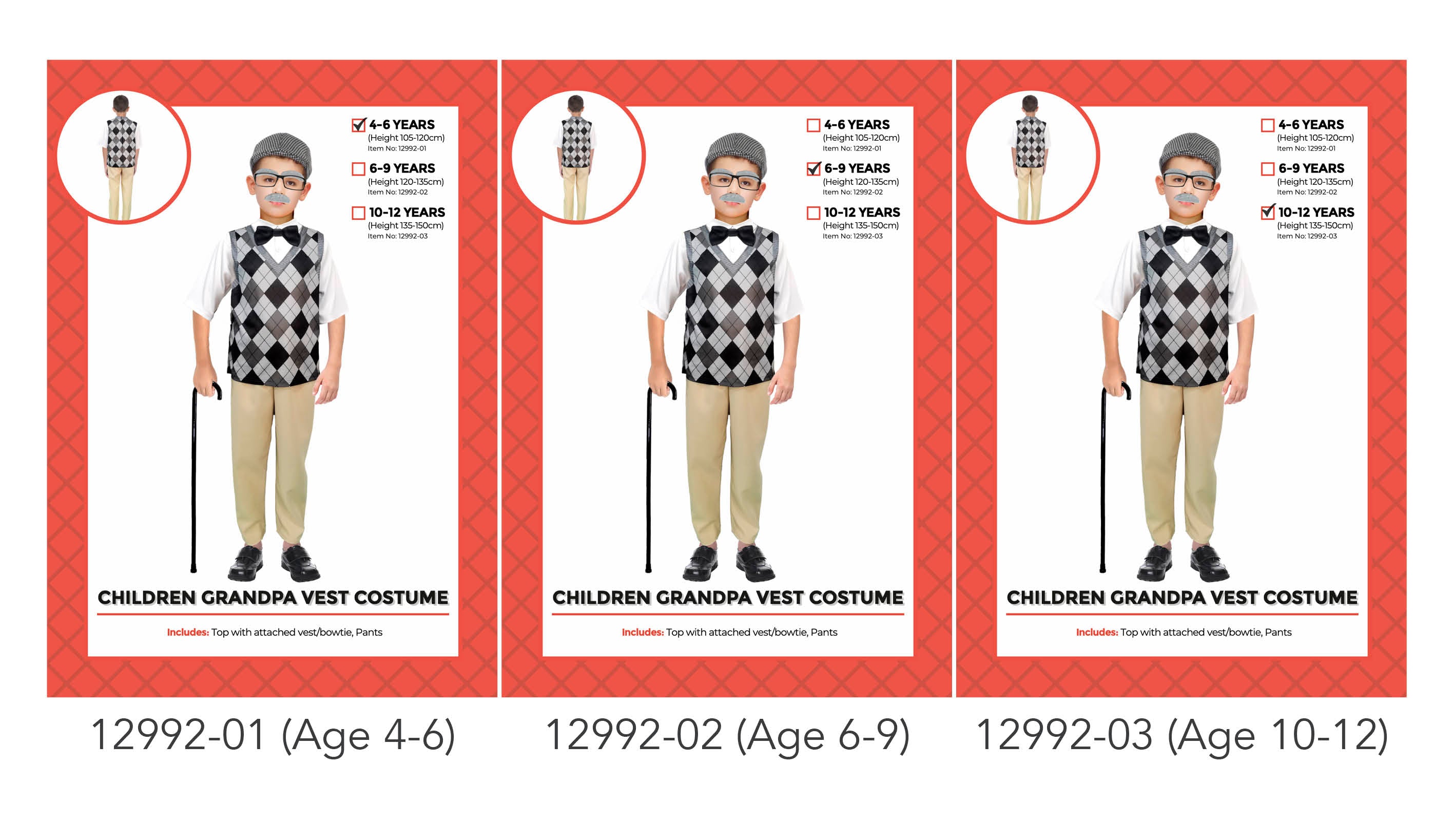 Argyle patterned vest in grey, black, and brown tones; White shirt with attached black bowtie; Light beige pants included; Includes black cane accessory (held by child); Flat cap and glasses shown in styling;
