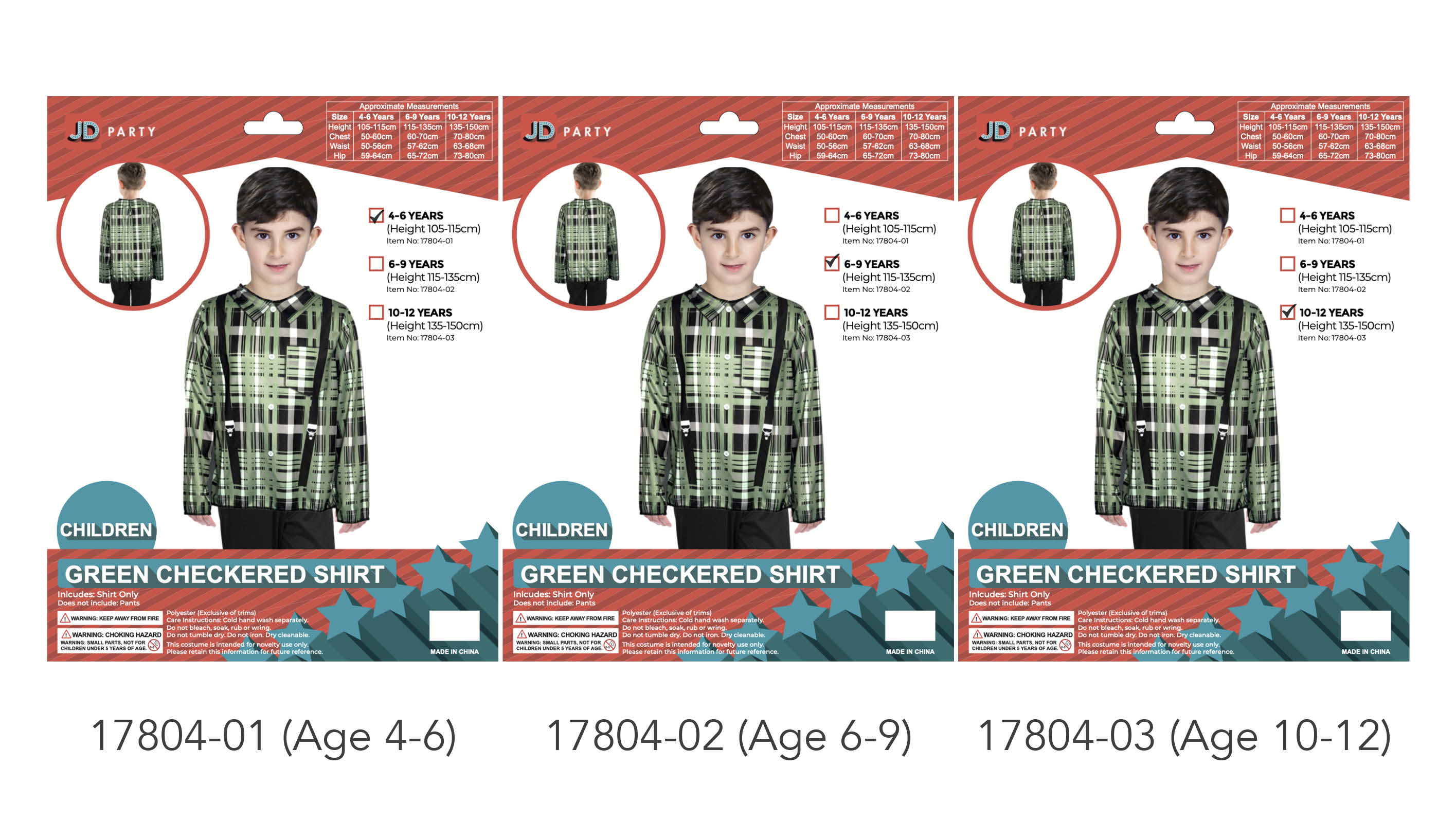 green and black checkered pattern; long sleeves; pointed collar; kid's shirt packaging with size chart; shirt only - no pants included;