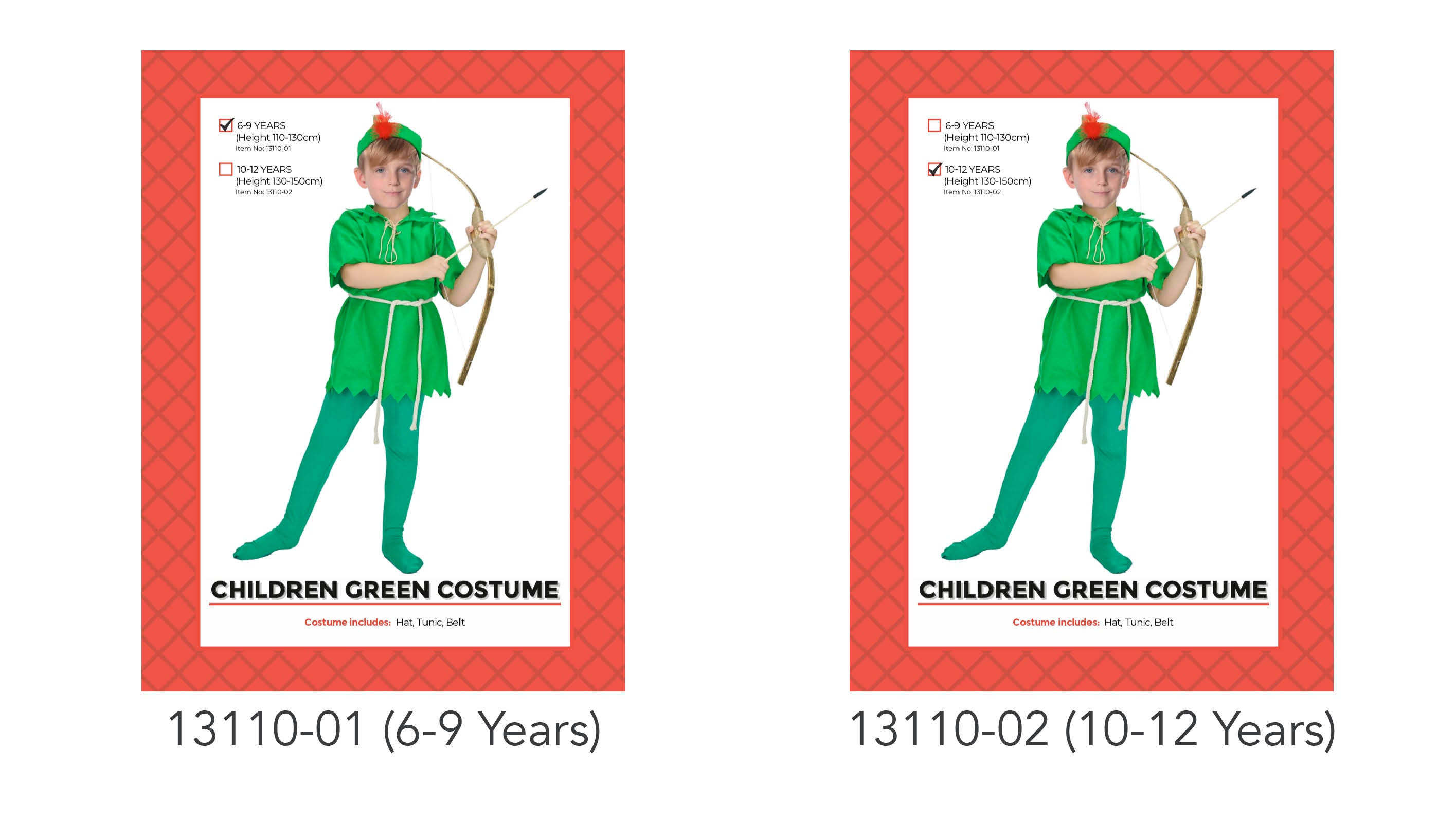 Bright green tunic with jagged hem; Matching green hat with red feather detail; Beige belt tied at waist; Tunic features short sleeves;