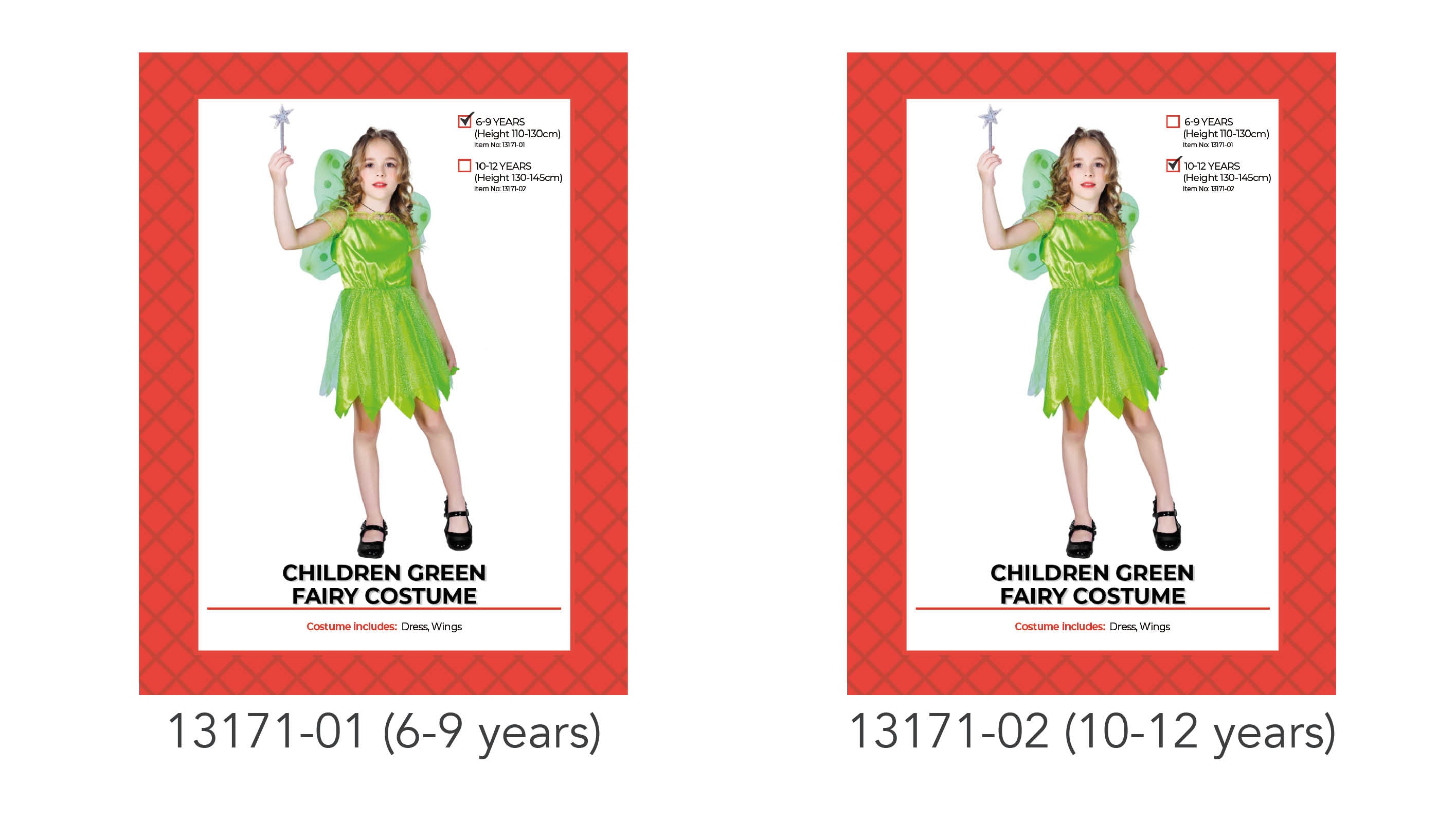 bright green dress with leaf-shaped hem; sheer short sleeves with polka dots; matching translucent fairy wings with green polka dots; available in 6-9 years and 10-12 years sizes;