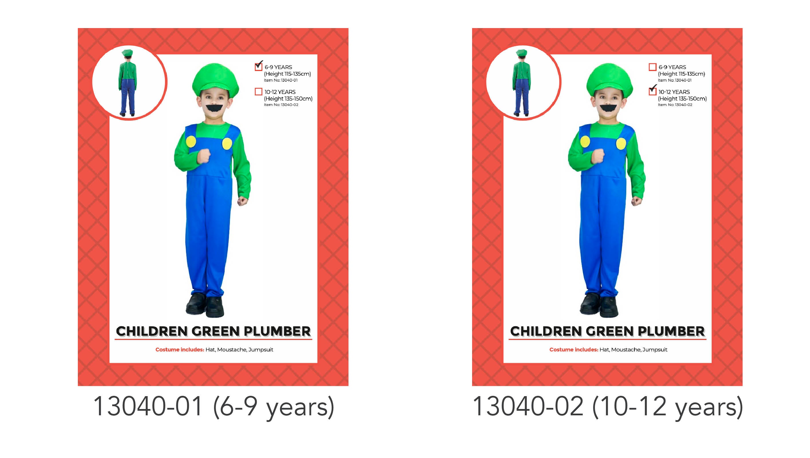 Green long-sleeve top; Blue jumpsuit with yellow buttons; Green hat; Black moustache; Suitable for children aged 6-12;
