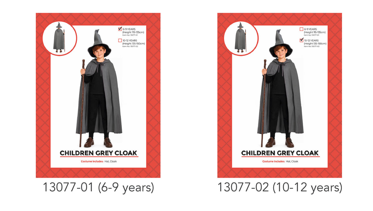 Long grey cloak; Matching pointed grey hat; Neck tie detail; Costume pictured with a brown staff;