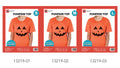 Orange short sleeve top; Jack-o'-lantern face print on front; Three sizes visible: small, medium, large; Round neckline; Packaging shows age range 4-12 years;