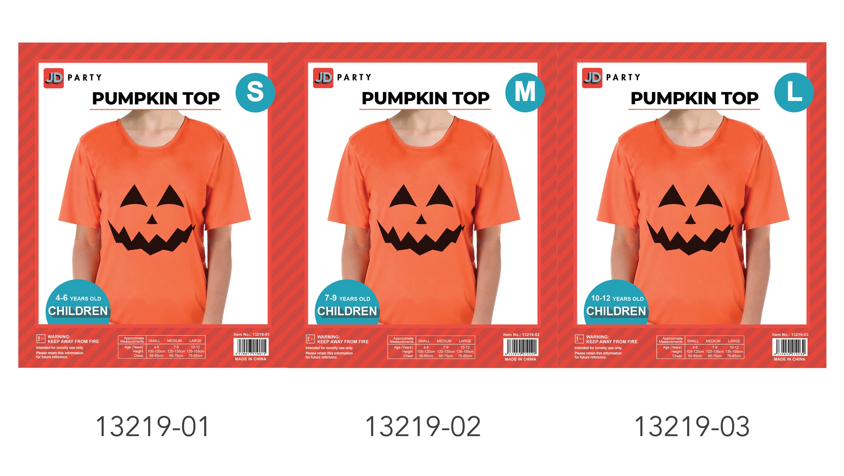Orange short sleeve top; Jack-o'-lantern face print on front; Three sizes visible: small, medium, large; Round neckline; Packaging shows age range 4-12 years;